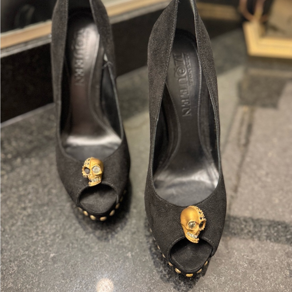 Alexander McQueen Black Skull Peep-Toe Heels